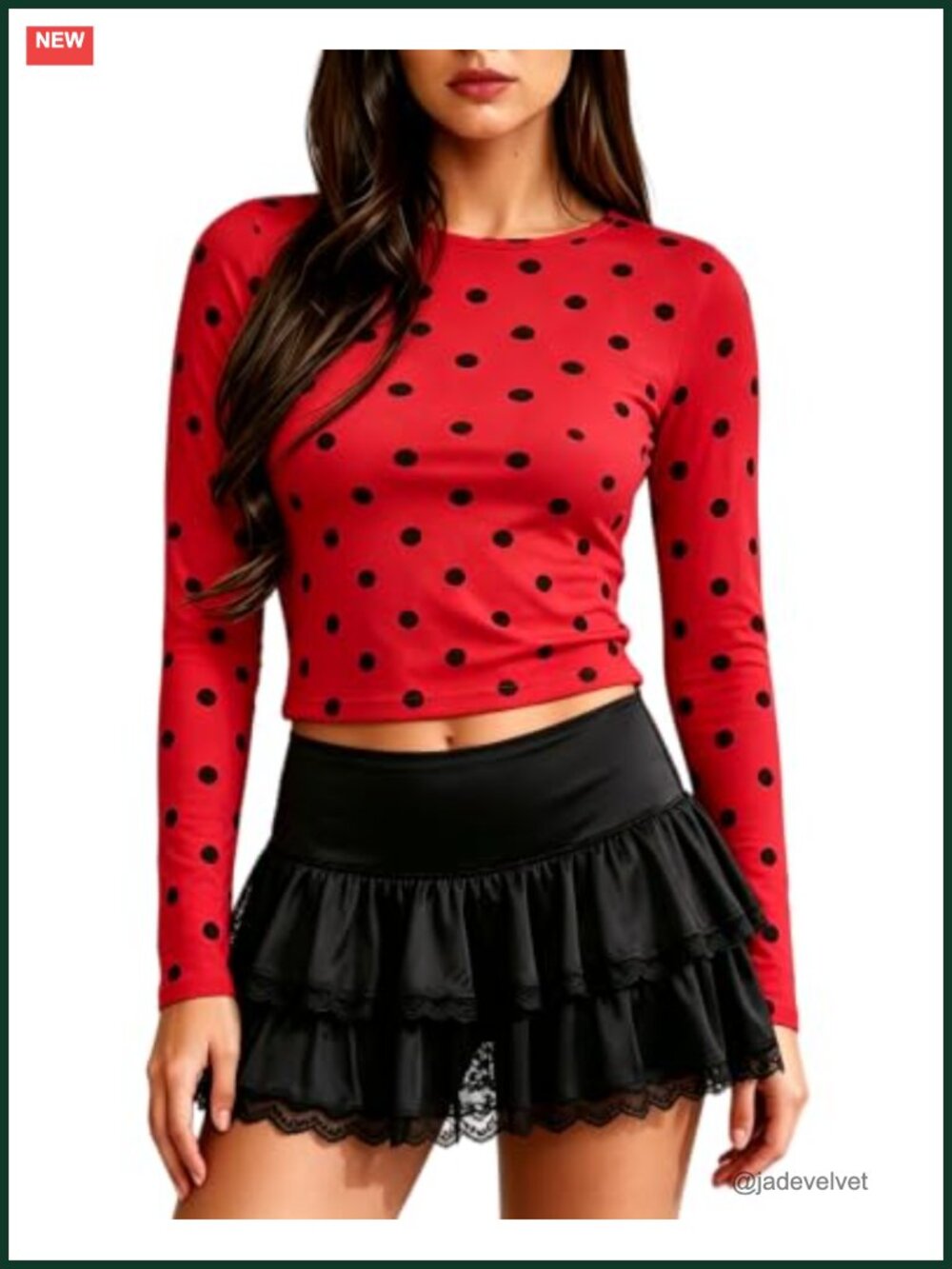 Women Polka Dot Crop Top Long Sleeve Y2K Slim Fit Party Shirt